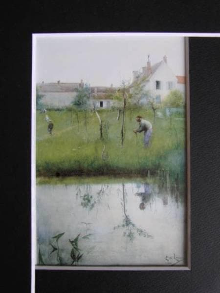 カール・ラーション、老爺と新しく植えられた木、希少画集画、新品額装付