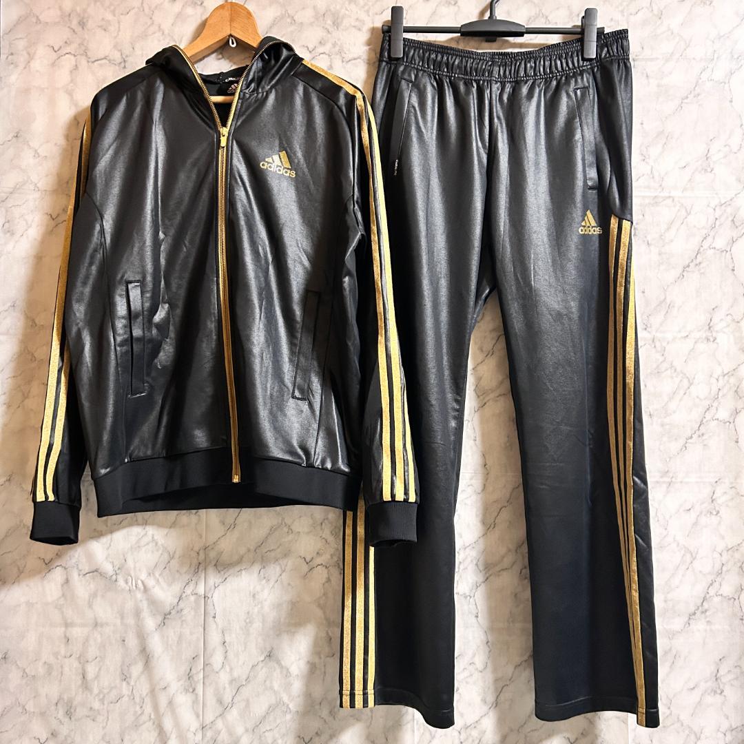 希少 adidas アディダス レザー調 光沢 上下 セットアップ ジャージ L