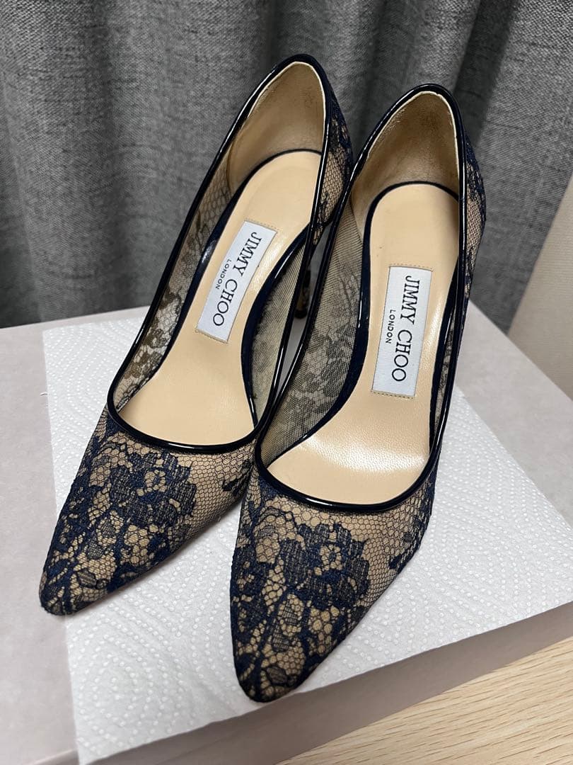 Jimmy Choo 35 ネイビー レースヒール - メルカリ
