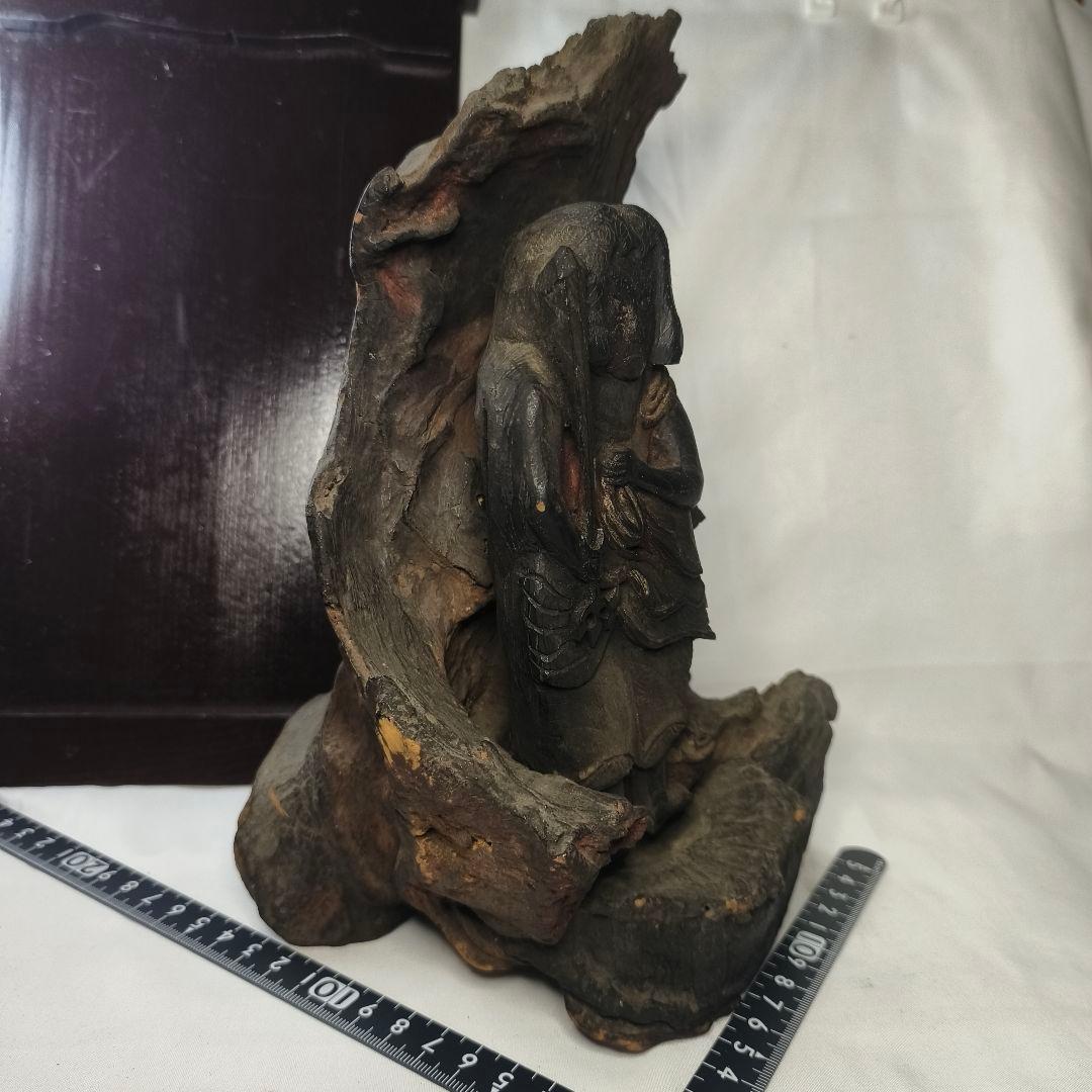 不動明王像 木彫り 樹根彫り光背 江戸骨董 桐箱付 仏教美術