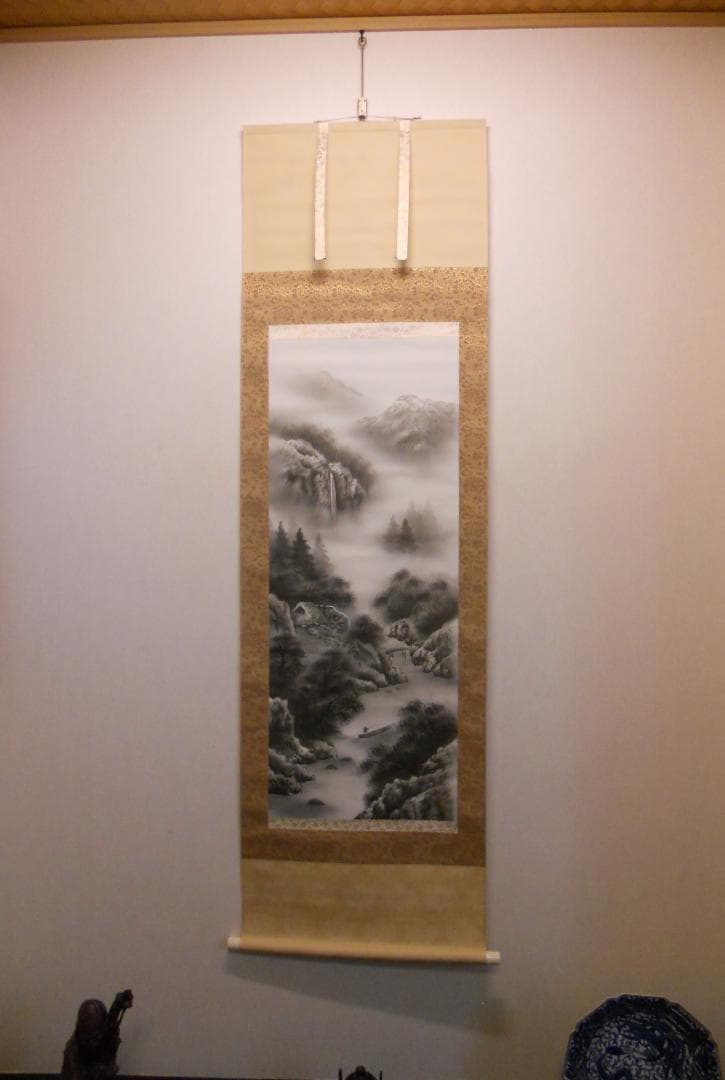 掛け軸 翆城 山水夏画 絹本 希少 軸装 茶道具 掛軸 美品 です。