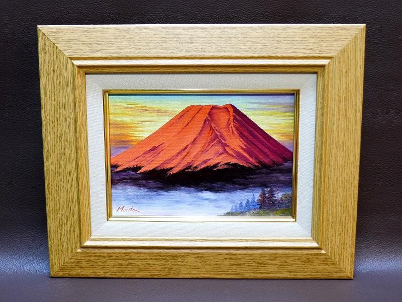 肉筆・油彩画 ／ 森田浩二 画伯「赤富士」／ 額装・直筆サイン ／ 謹賀・紅富士