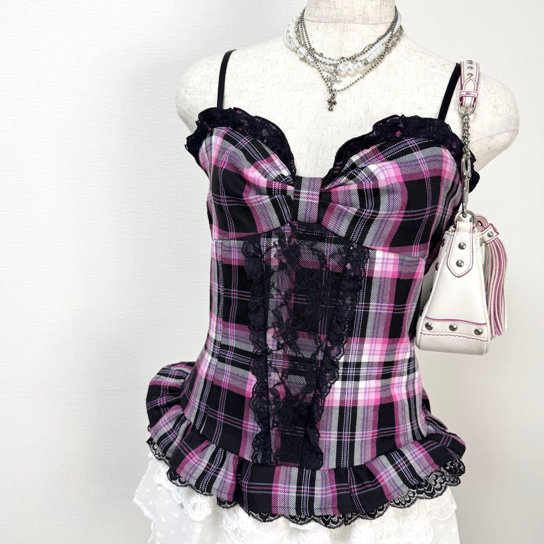 y2k❤️ 00s MA＊RS 当時物 チェック デカリボン レース キャミソール