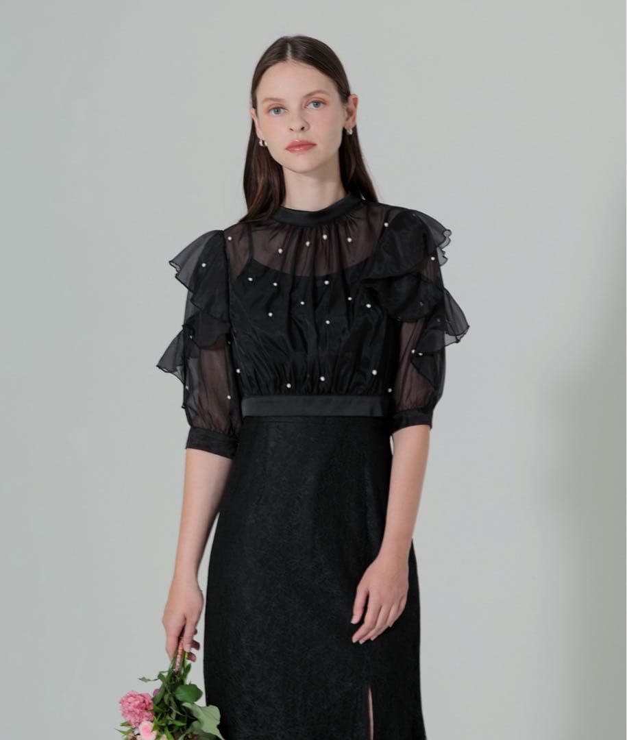 2WAYパール付きシアーレースバックリボンボレロスリット　キャミワンピース