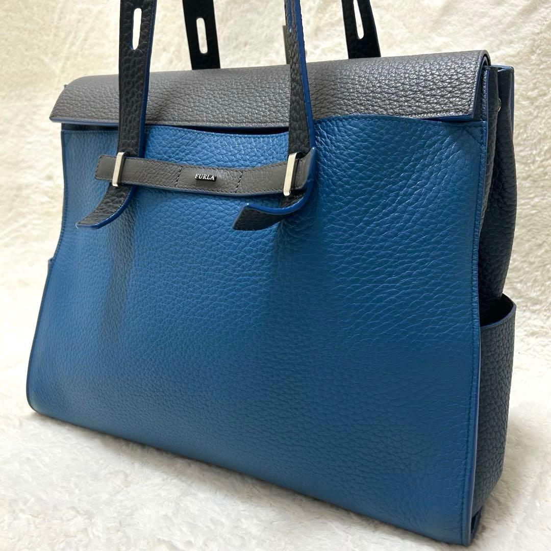 美品✨フルラ ジョーヴェ トートバッグ シボ革 大容量 ブルー グレー ネイビー