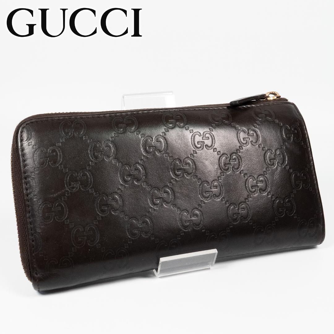 美品✨グッチ 長財布 シマ レザー GG柄 L字ファスナー ダークブラウン グッチシマ グッチ 財布 GUCCI 長財布 札入れ 小銭入れなし メンズ