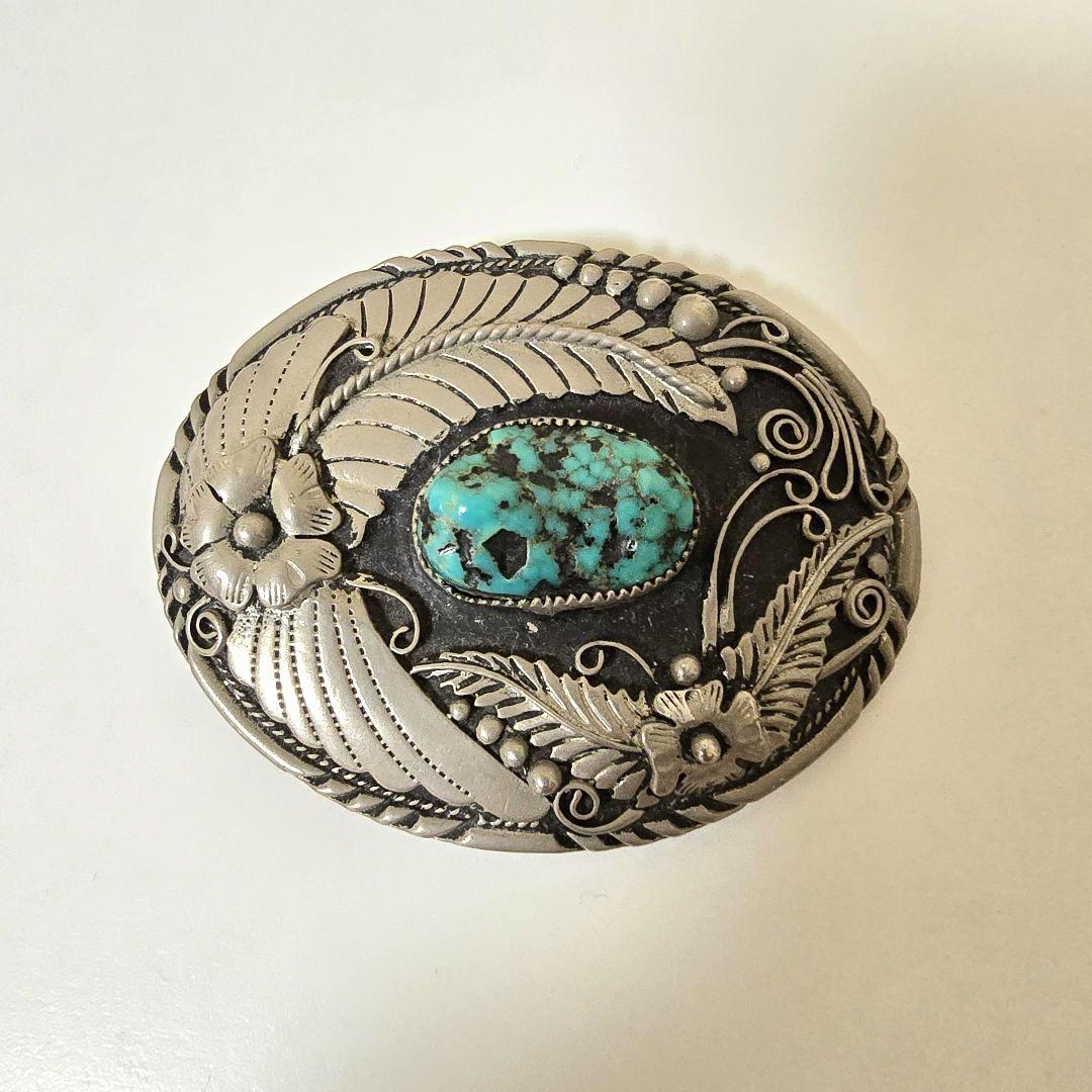 インディアンジュエリー バックル ナバホ族 ターコイズ 天然 アメリカ製 銀色