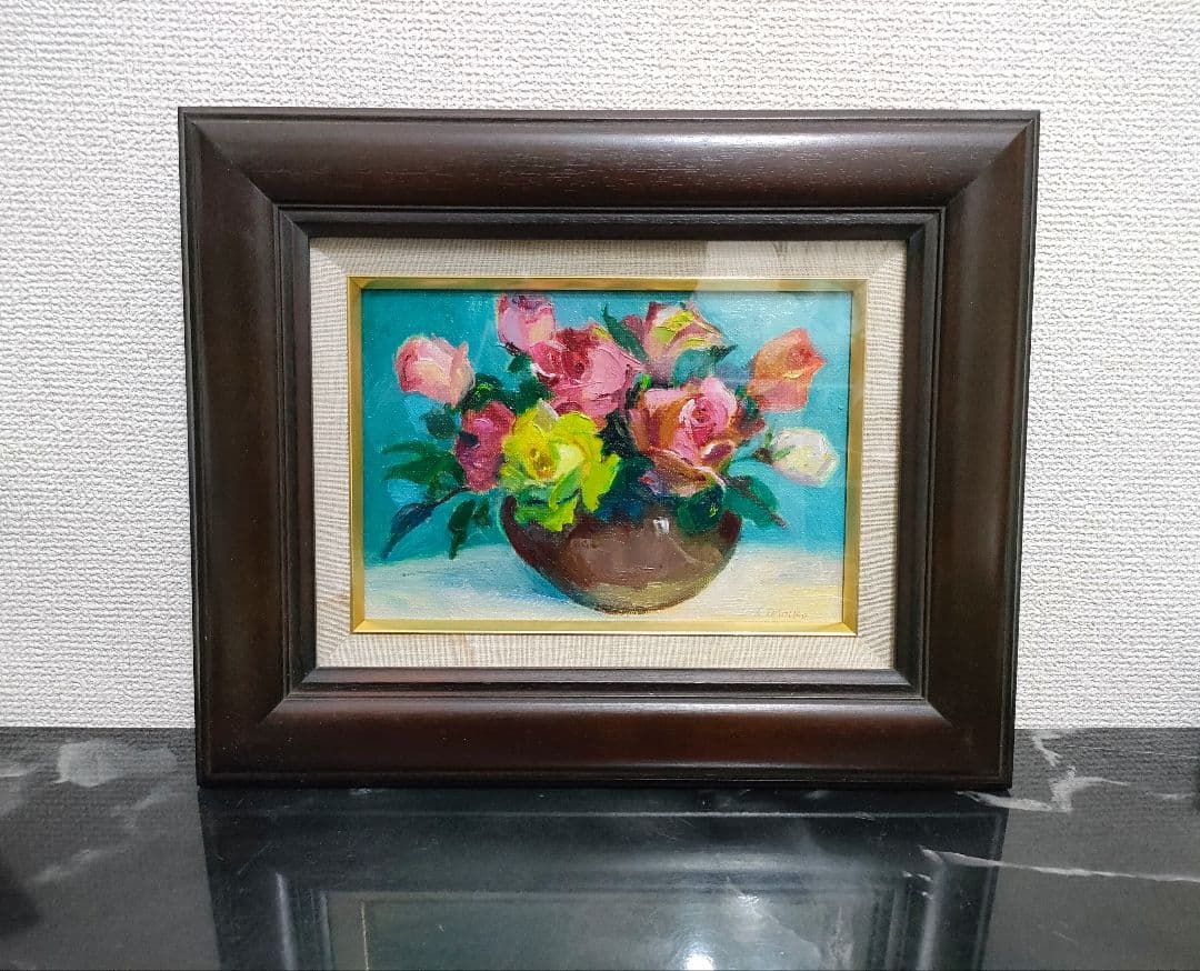 【送料込み】油絵「薔薇」落ち着いた色調の油彩画。お部屋やお店のインテリアに！