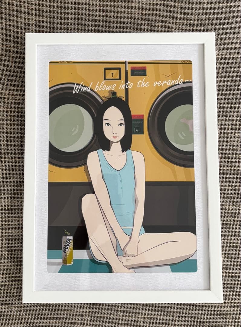 蟷螂子　イラスト 洗濯場 A4サイズ 白フレーム