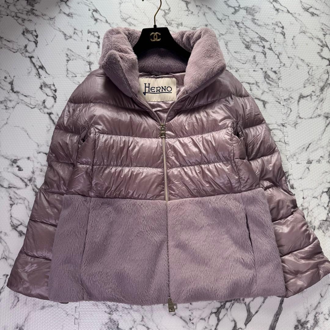 ヘルノ　ハイブリッドダウンジャケット　エコファー　スタンドカラー　コンビ　切替