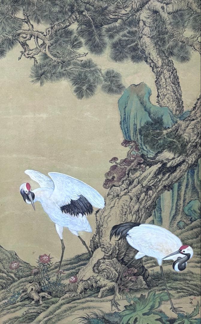 掛軸　水墨画　松鶴図 謝陽画中国　絵画　鶴　松　箱付　張大千大風堂