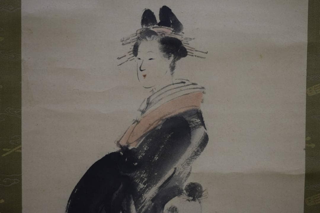 真作/塩川文麟/花魁/美人画/絹表装/布袋屋掛軸HH-248