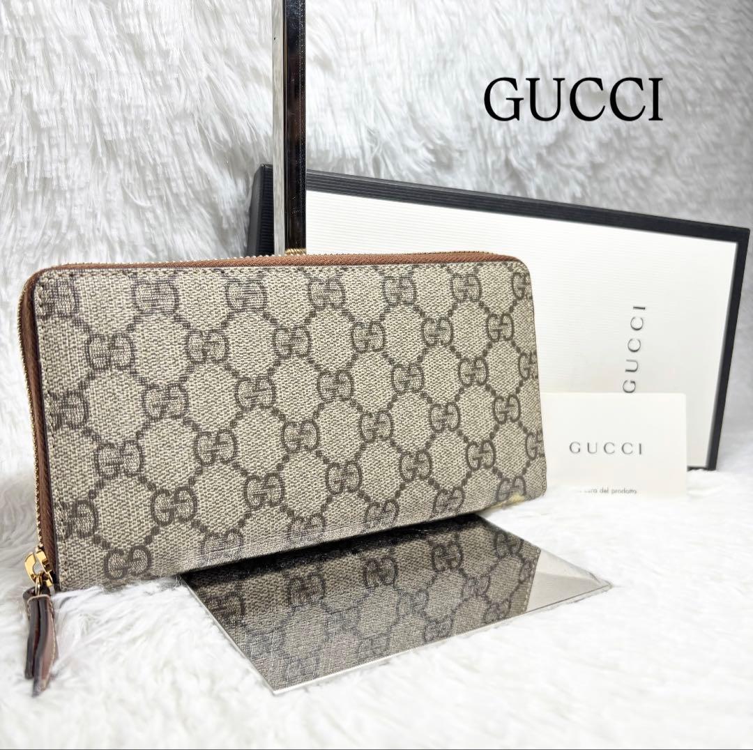 ✨訳あり美品✨ グッチ GGスプリーム ラウンドジップ 長財布 PVC ブラウン