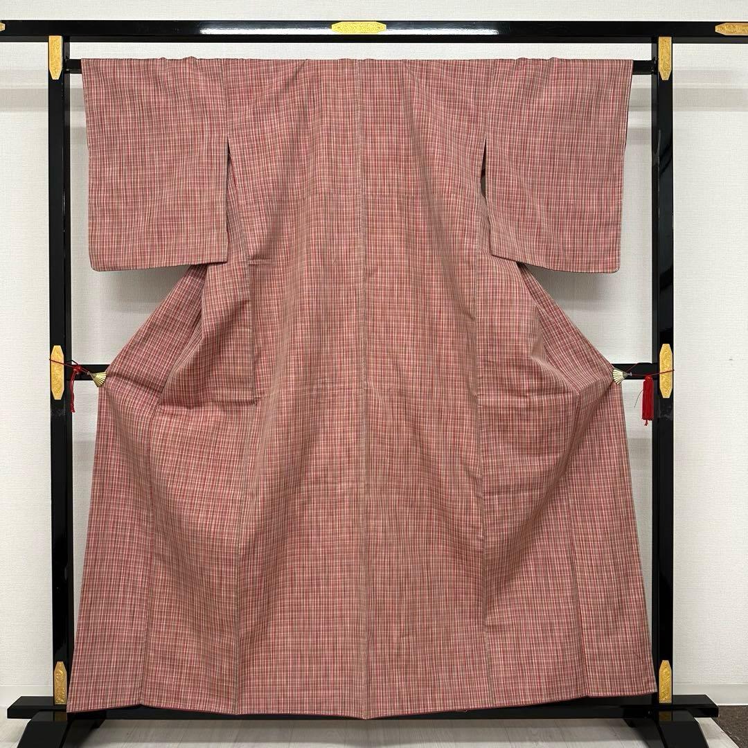 格子柄大島紬 アンサンブル 可愛い色味 着物 正絹 袷 バチ衿 RK-4077の