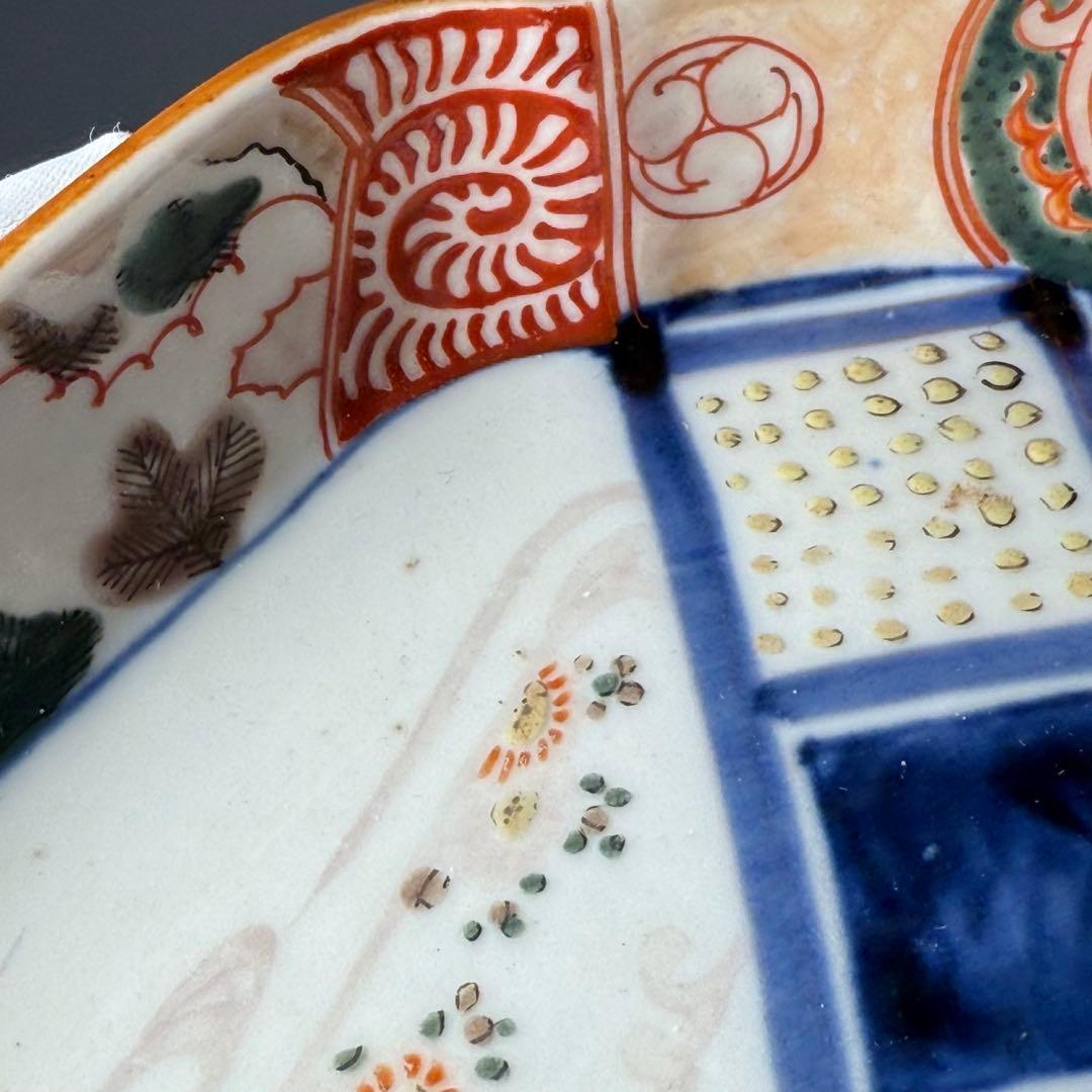 古伊万里 色絵幾何学文木瓜形皿 五客 裏文様有 巻物 宝珠