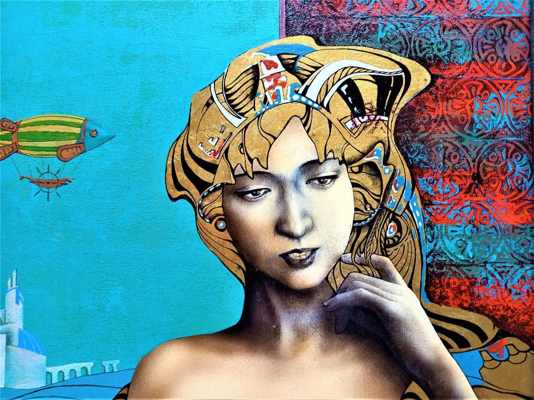 作者不詳 仮タイトル「ドレスを着た婦人図」F8号油彩画金が使われた