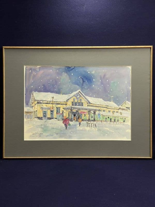 富田利吉郎 原画真作　水彩画　 第九回個展「停車場のある風景」出品作 『弘前駅』 絵本『希望の牧場』原画展開催中 – 新富町図書館