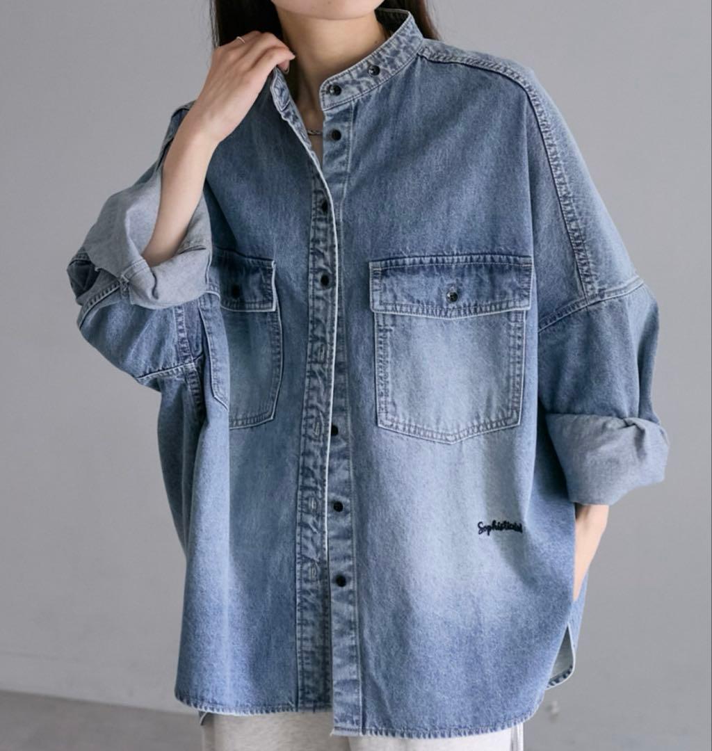 PUAL CE CIN ヴィンテージライクデニムバンドカラーシャツ ブルー系