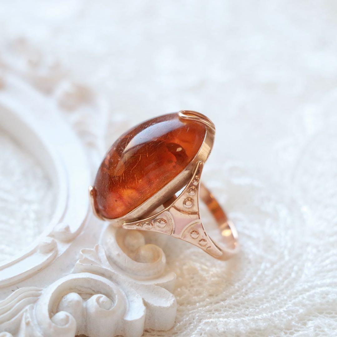 4ЯK刻印、旧ソ連国旗モチーフ、583刻印入り 琥珀リング