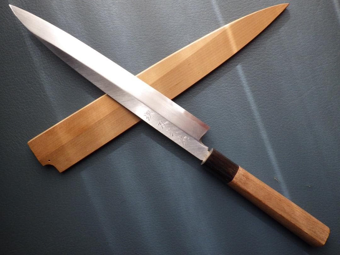 堺打刃物/柳刃刺身包丁7寸/本水牛安来鋼・鞘付属★昭和レトロ★未使用188