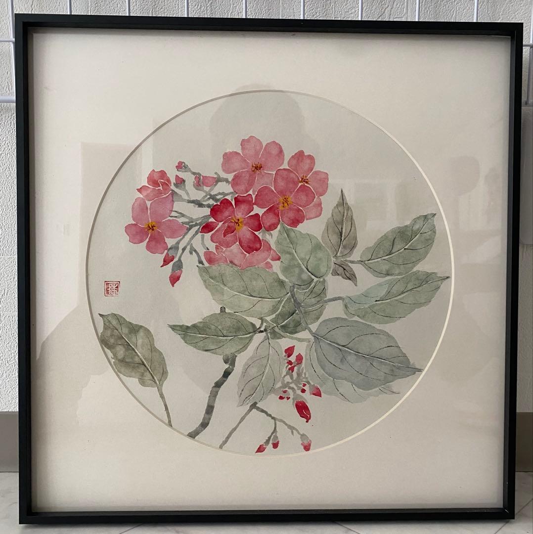 円形の水墨画 花 黒フレーム 梅 うめ 墨絵 水墨画 水彩 輪 フレーム ふきだし 枠 花 春 コピー