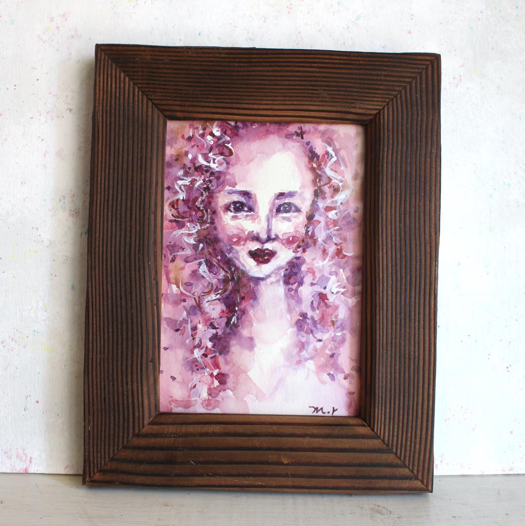女性の絵 水彩画 原画 額付き「薔薇色の頬」