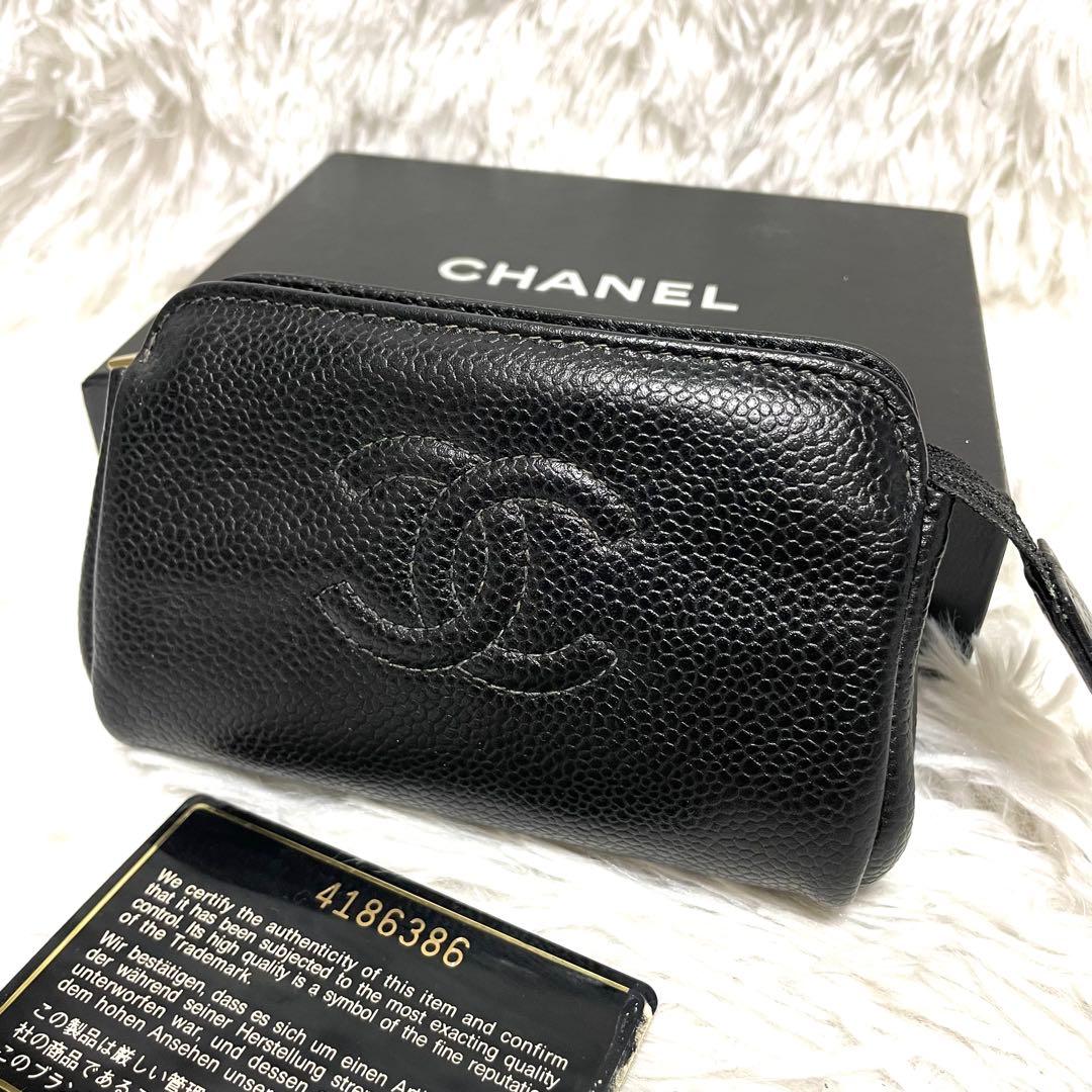 【美品】シャネル キャビアスキン ポーチ ココマーク ゴールド金具 黒 シリアル シャネル化粧ポーチ 黒 ゴールド金具 レディース キャビアスキン