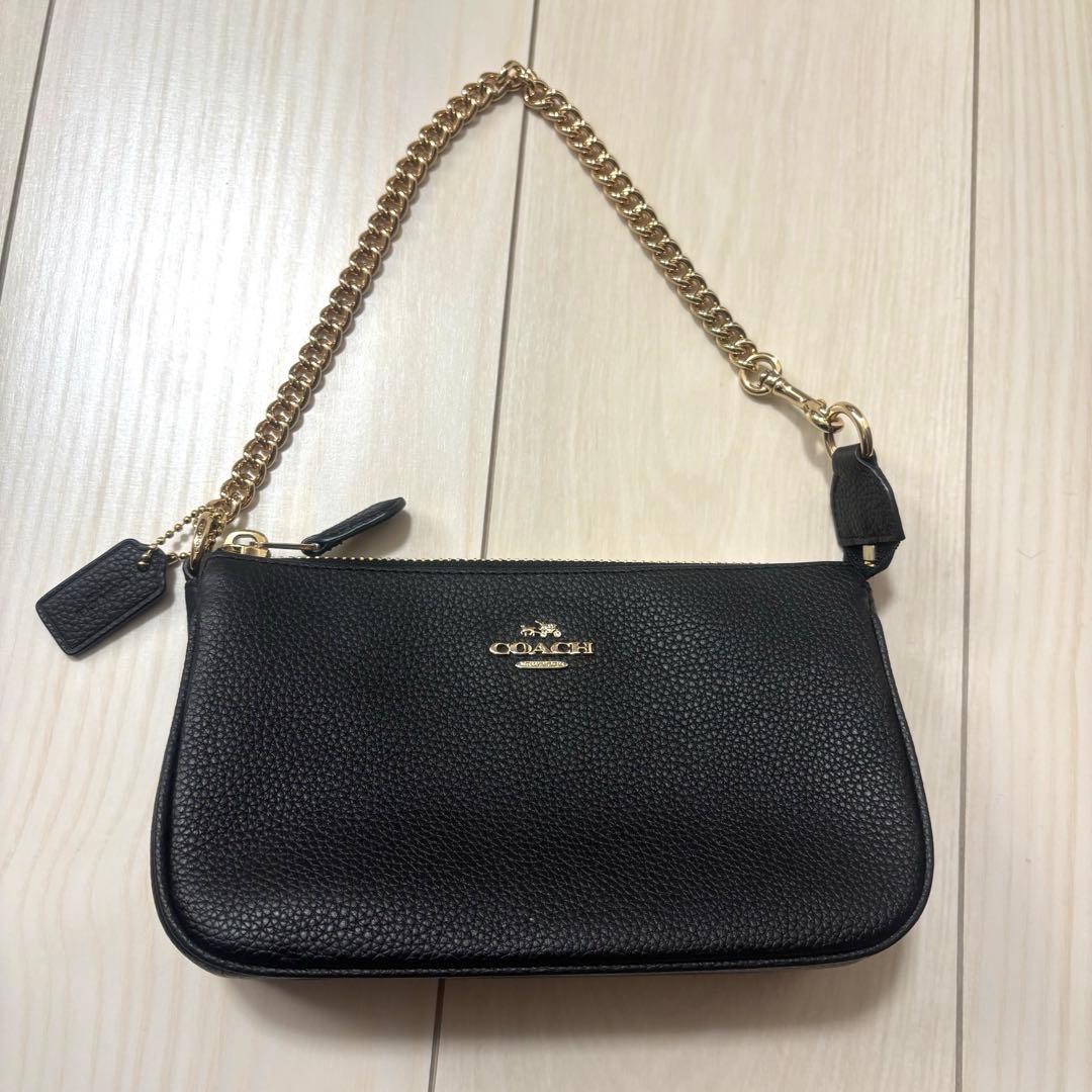 新品未使用 COACH ブラックレザーハンドバッグ チェーンポーチ 53077