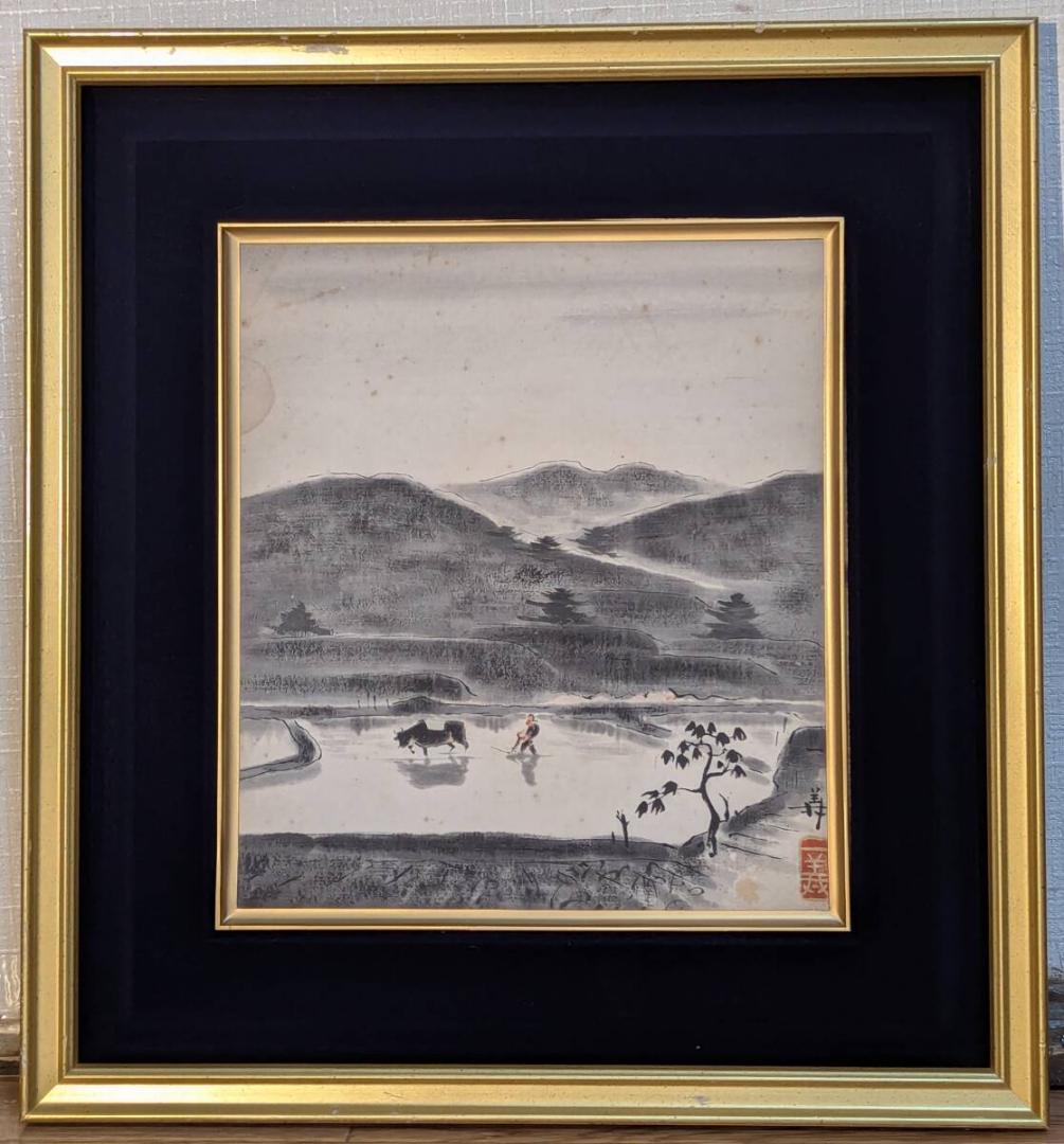【真作】絵画　水墨画（色紙）　田園風景図　農耕と牛の情景　農村風景　Z36