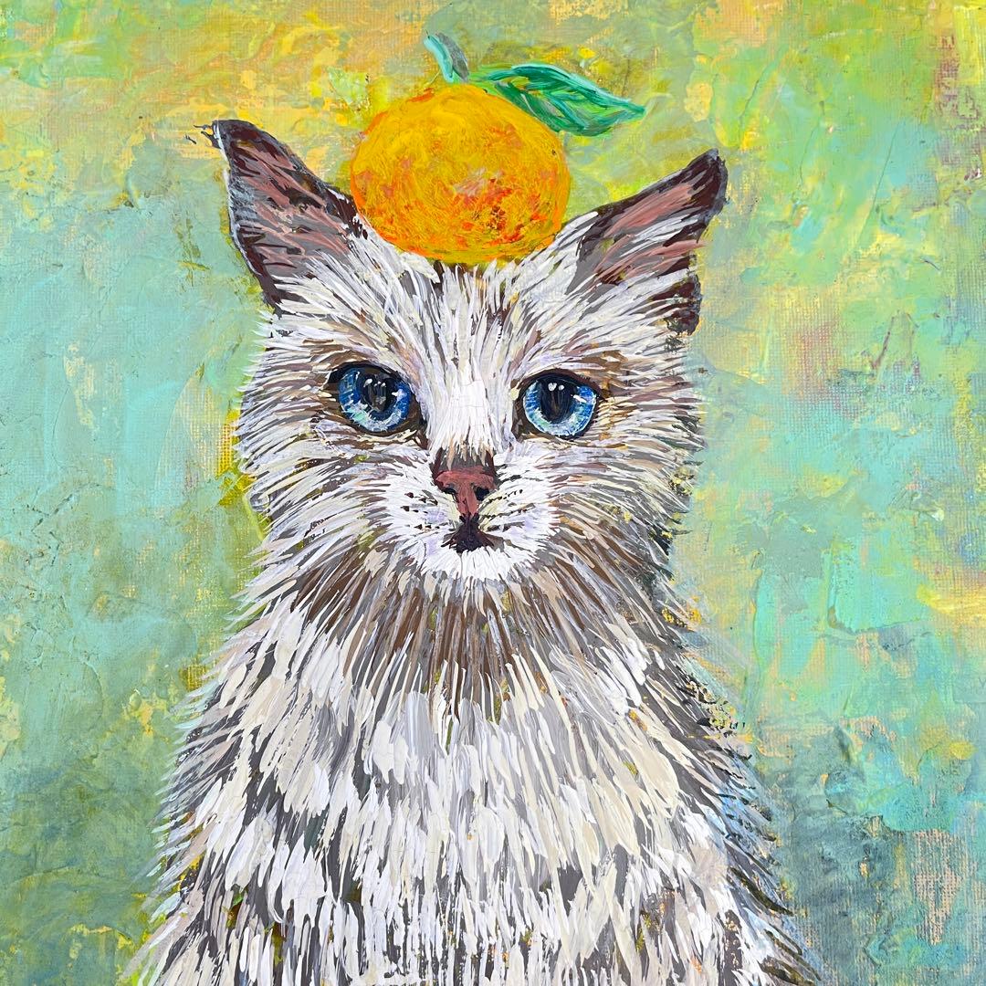 原画】アクリル画「至福の冬の果実の重み」青い瞳の猫 F4サイズ