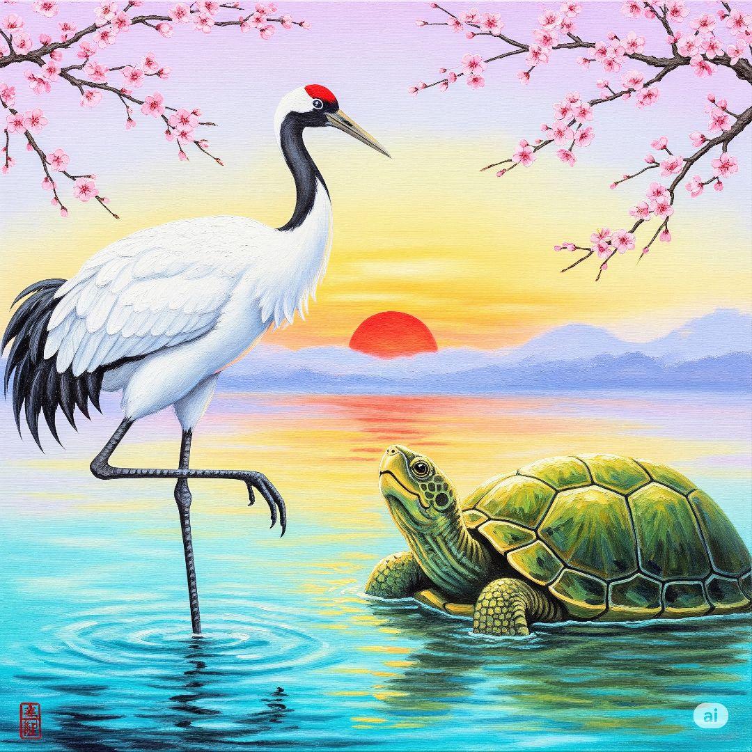 鶴と亀の絵画・開運・招福・風水インテリア・フォトフレーム付き127