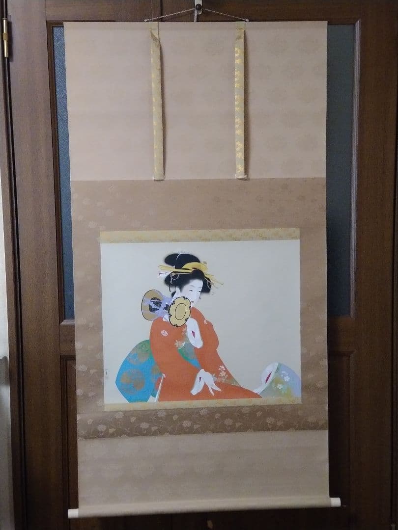 美品 掛け軸 上村松園筆「鼓の音」美人画 版画 限定品