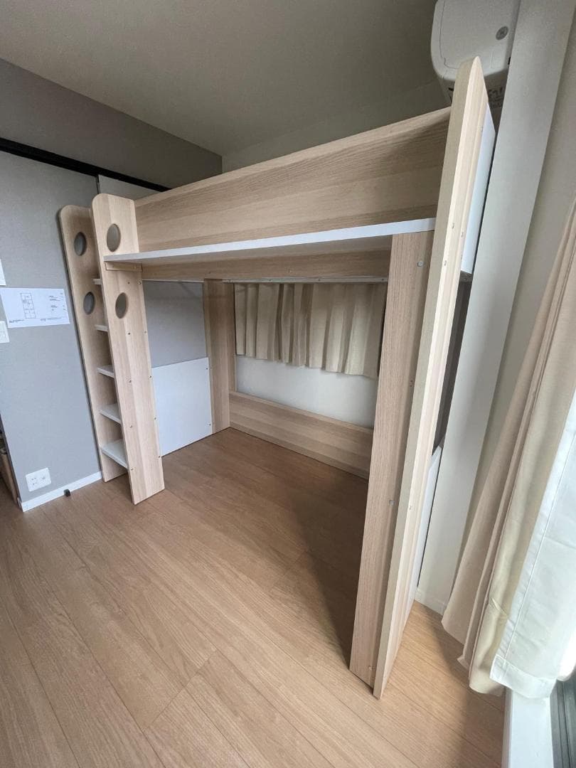 ナチュラルウッド ロフトベッド 収納棚付き