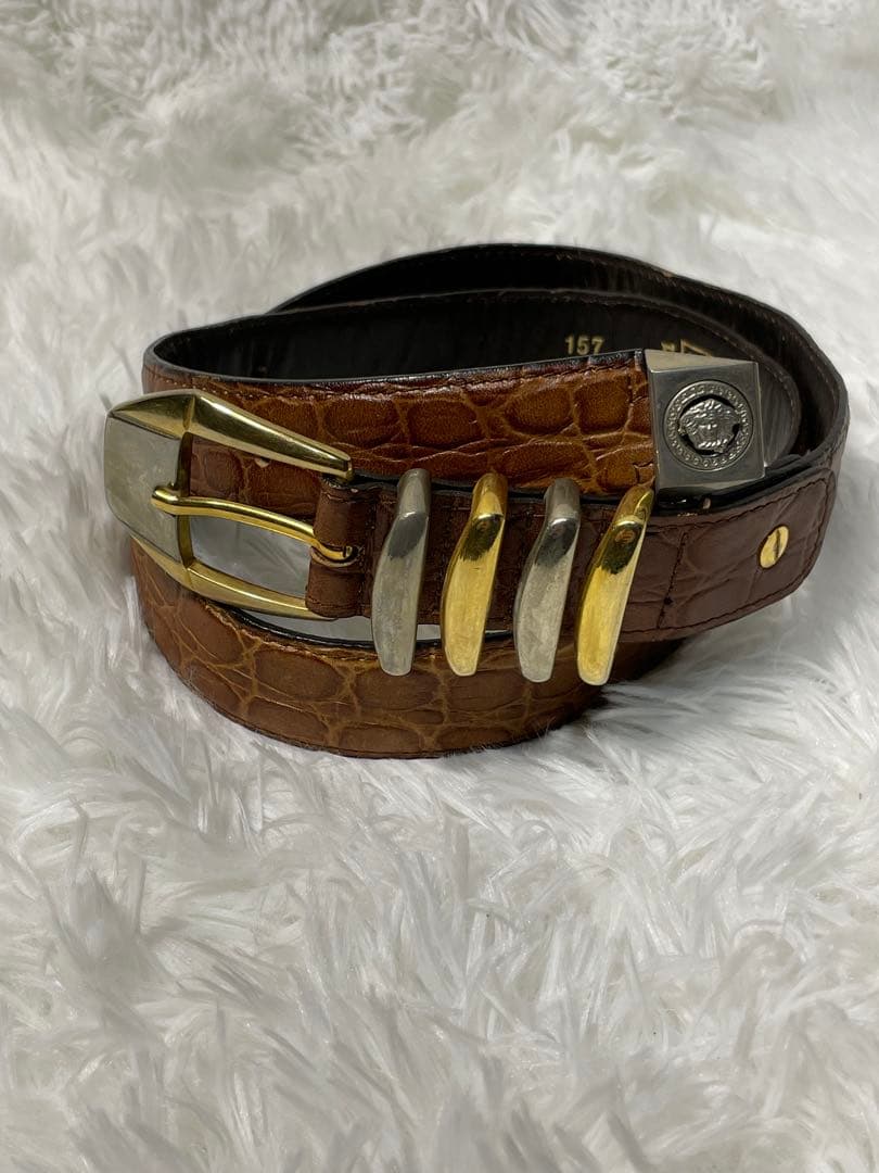 VERSACE ヴェルサーチ 型押しレザーベルト ブラウン 本革　幅3cm ベルト | ヴェルサーチェ 日本