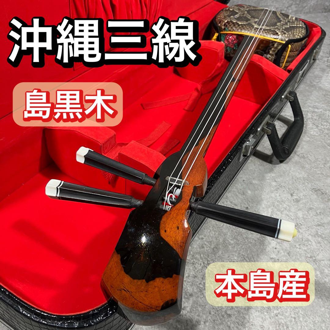 美品 高級 沖縄三線 本島産黒木 クルチ 本蛇皮 一枚張り 三線 ピックアップ付