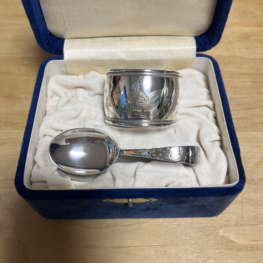 和レトロ 三越　特選 銀製　シルバー ベビースプーン＆ナプキンリング箱入り希少品