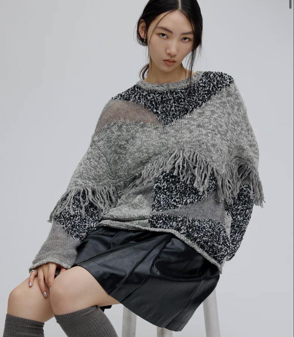 トップス DOCKING PATTERN FRINGE KNIT