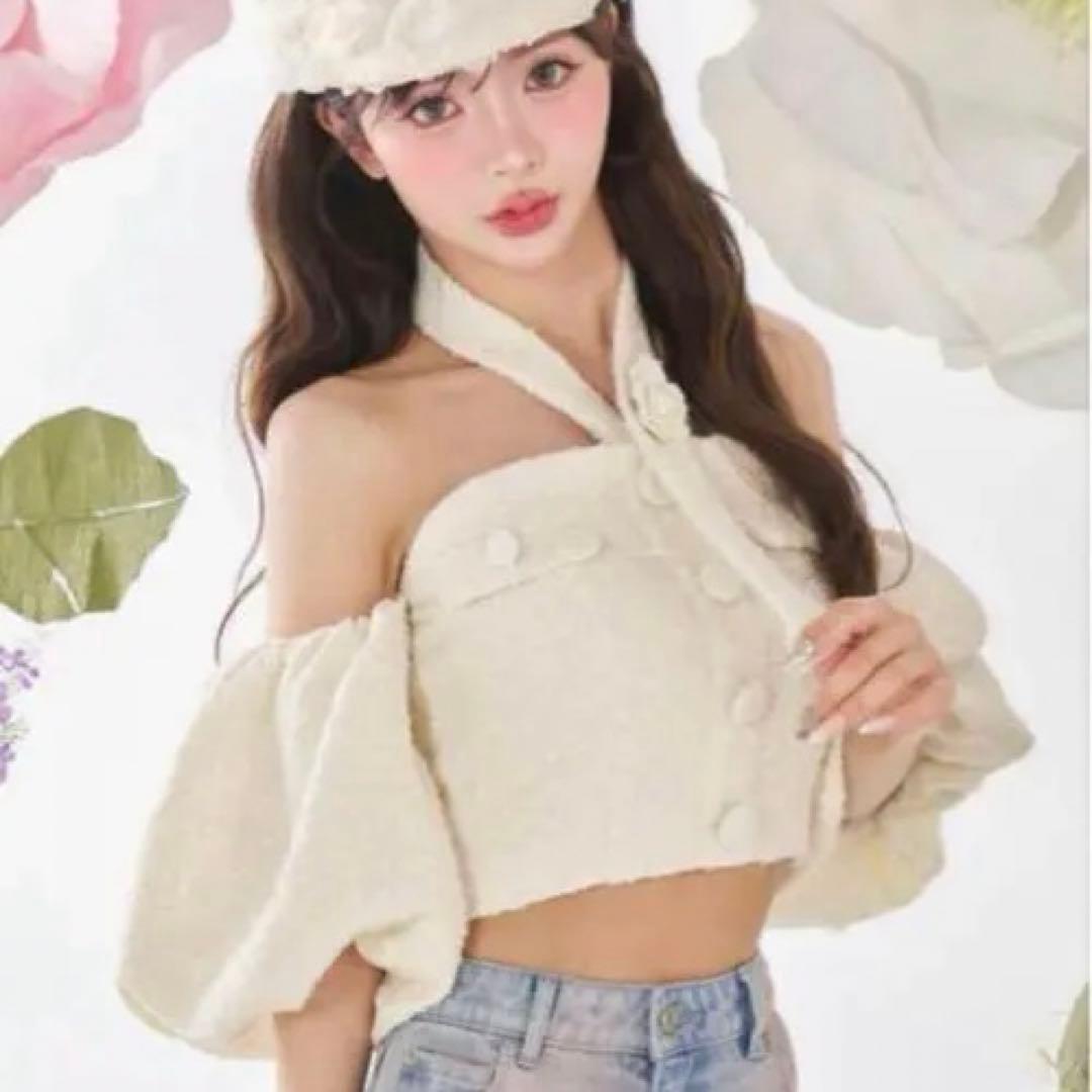 正規品　darich ホルターネックオフショルツイードトップス　白　パフスリーブ