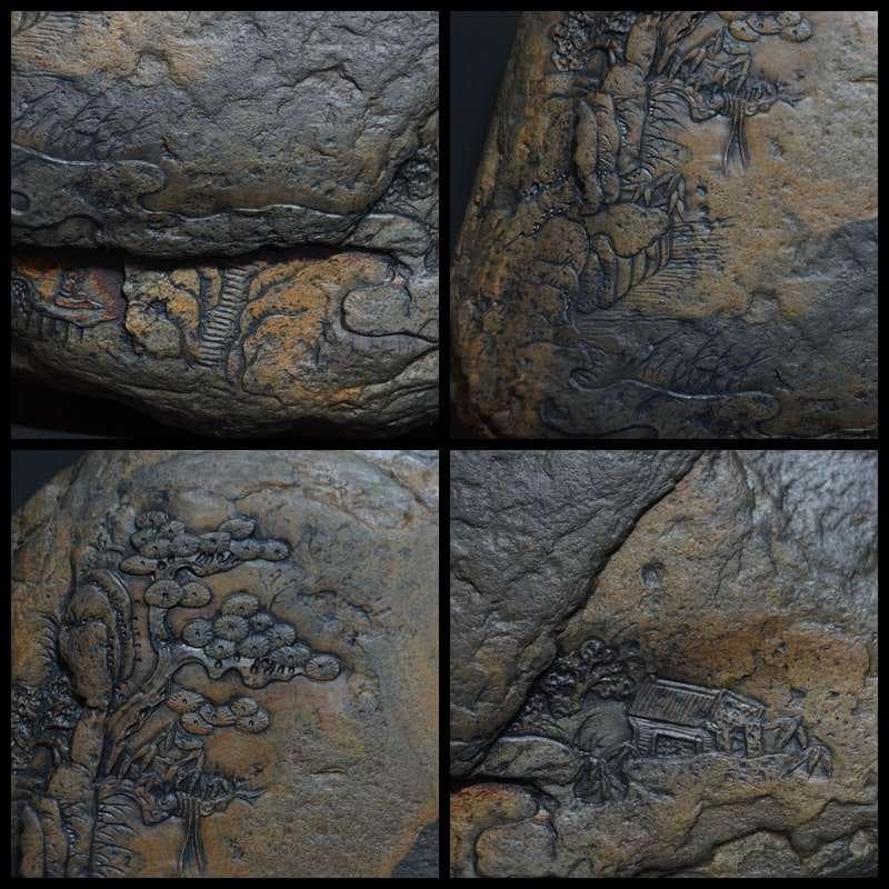 書道具 歙州硯石細工彫り『山水風景図』自然の形文鎮 書斎飾り石