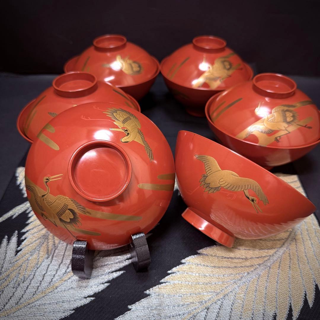 漆器　輪島塗　金蒔絵松鶴文　木製　蓋付椀　お煮物椀　吸物椀　5客　骨董品 漆器 輪島塗 金蒔絵松鶴文 木製 蓋付椀 お煮物椀 吸物椀 5客 骨董品