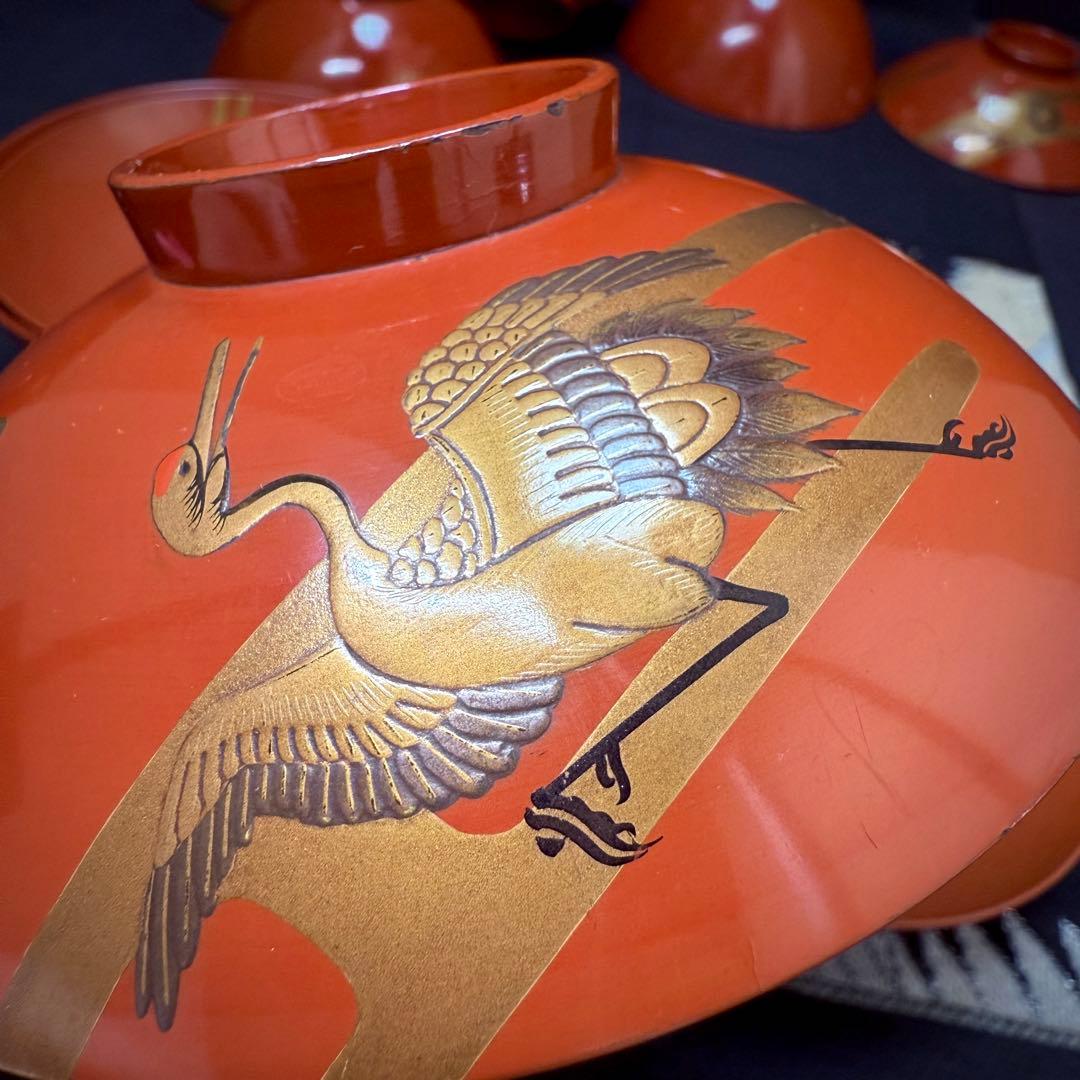 漆器 輪島塗 金蒔絵松鶴文 木製 蓋付椀 お煮物椀 吸物椀 5客 骨董品