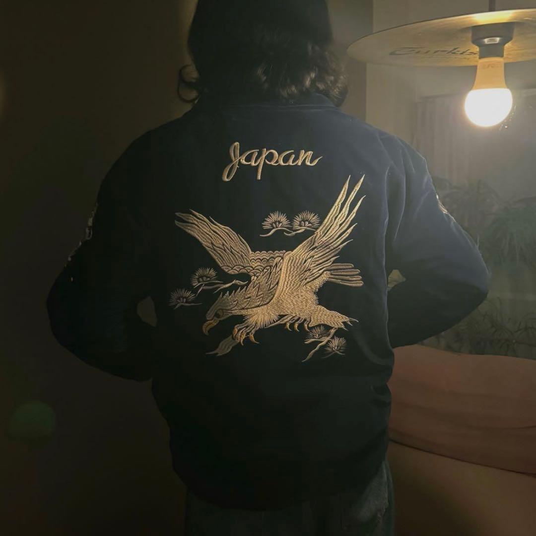 スカブルゾン】刺繍ドラゴンと鷲のベルベットジャンパー ネイビーLL