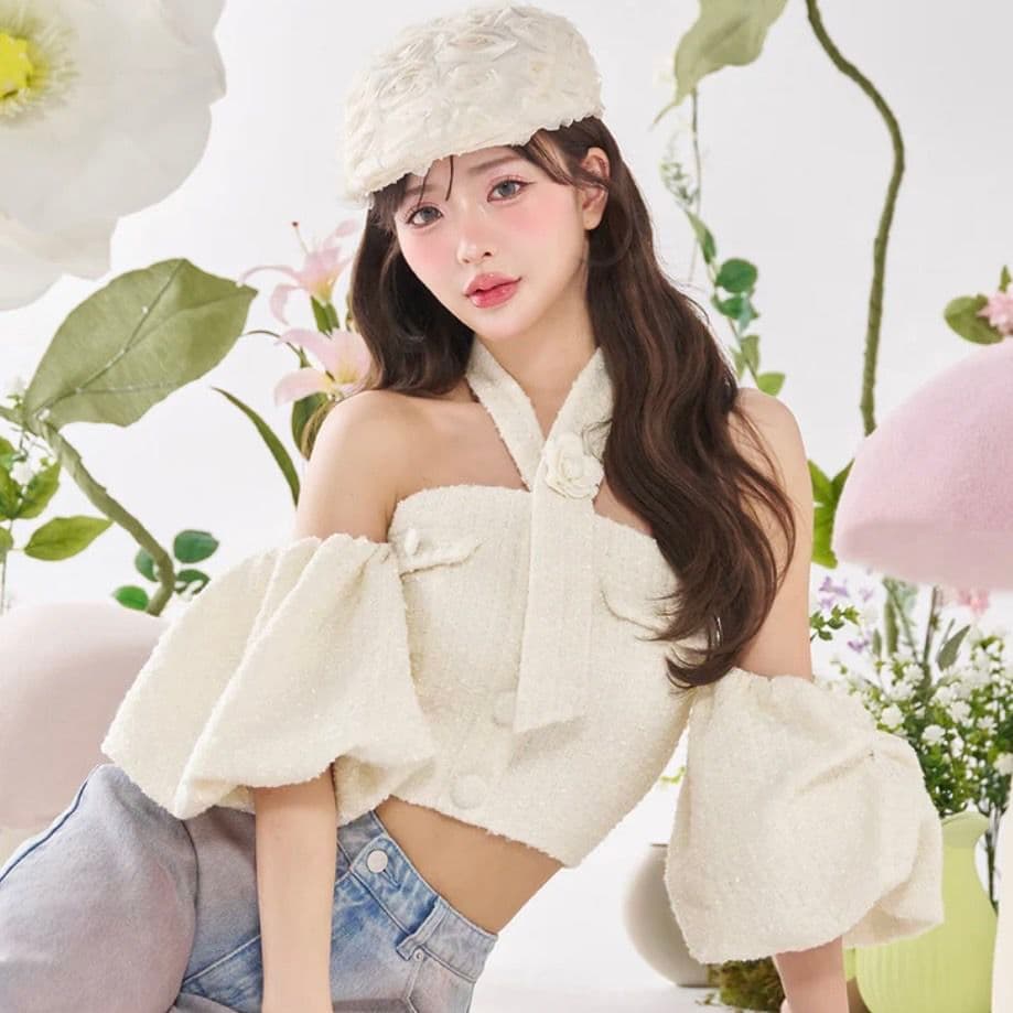 ホルターネックオフショルツイードトップス　WHT