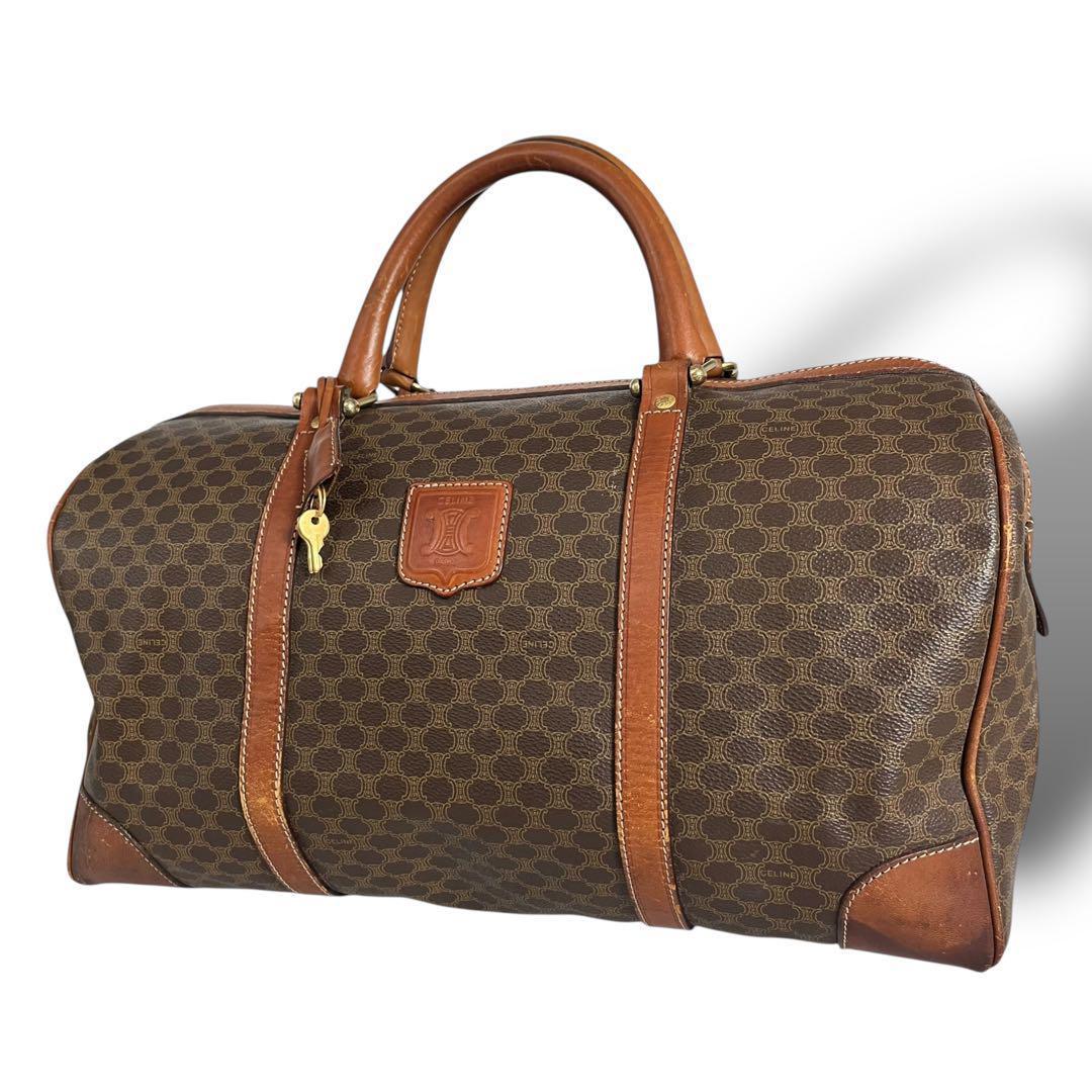 CELINEセリーヌ★マカダム柄 ボストンバッグ PVC レザー 鍵 ブラウン
