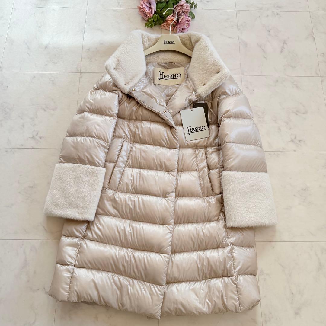 タグ付未使用★HERNO ダウンコート エコファー 異素材 切替 グレージュ42