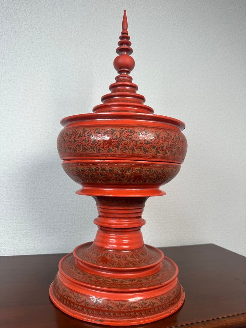 ミャンマー アンティーク 漆器 蒟醤 仏塔形 供物器 高さ約62cm ※31※ 供物器 文化遺産オンライン