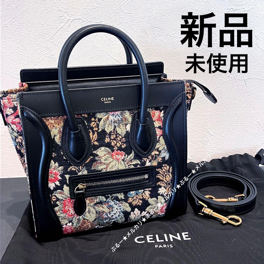 新品☆CELINE ラゲージ ナノ レザー 黒 ショルダー 花柄 フラワー