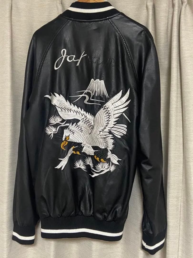 黒 [希少]レザー スカジャン Japan 鷲刺繍