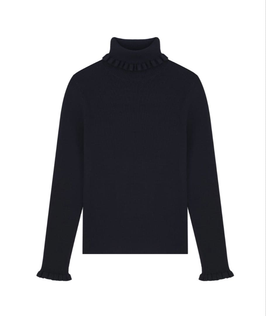 エムプルミエ タートル フリルリブニットプルオーバー　ブラック