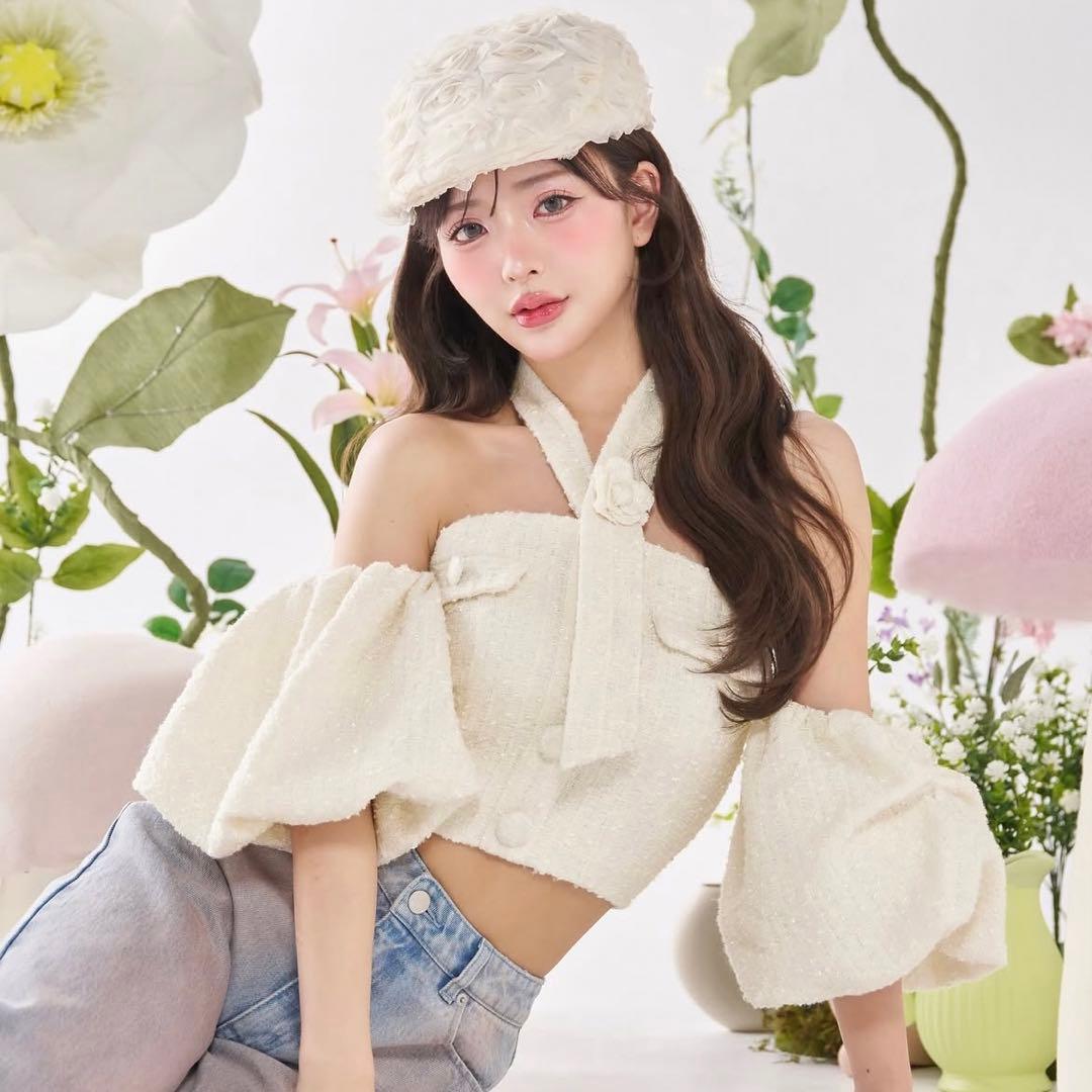 Darich ダーリッチ ホルターネックオフショルツイードトップス WHT